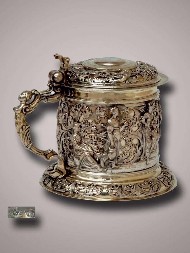 A Fine German Silver Parcel Gilt Tankard with Biblical Scene